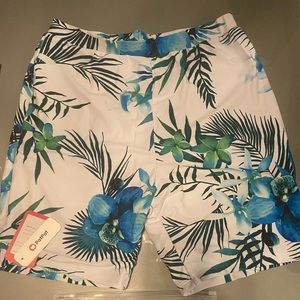 Blue Flower Print Swim Trunks